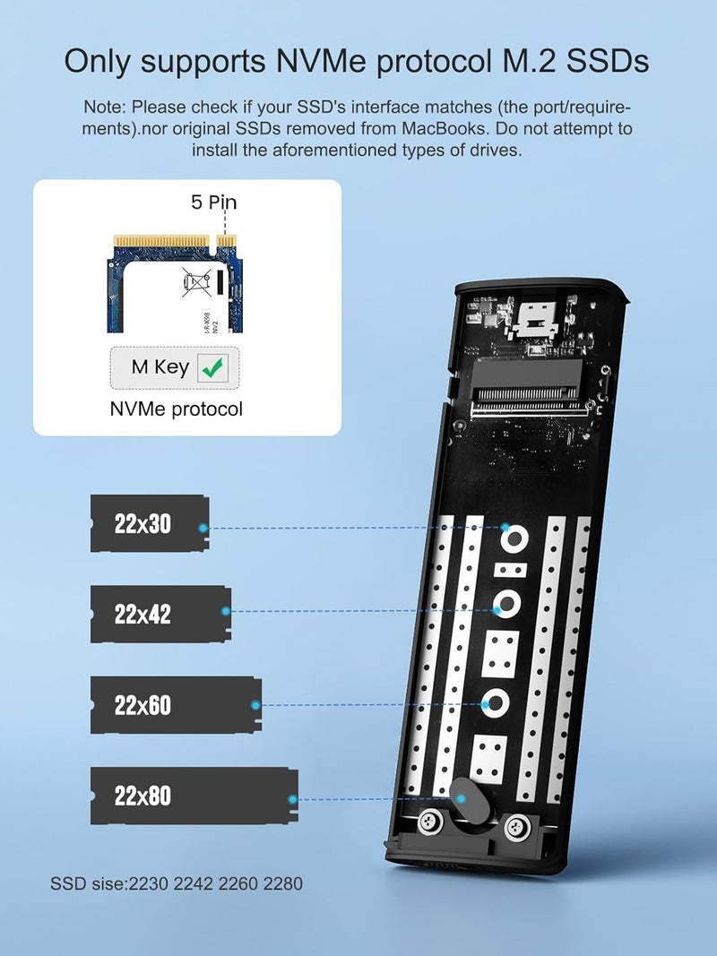 Lemorele Aluminum M.2 NVMe Enclosure,USB 3.2 Gen2 10Gbps Tool-Free ,SSD Enclosure for PCIe M-Key,Nvme USB Adapter Support UASP Trim for 2280 2260 2242 2230(Sata Protocol NOT Supported) - Image 2